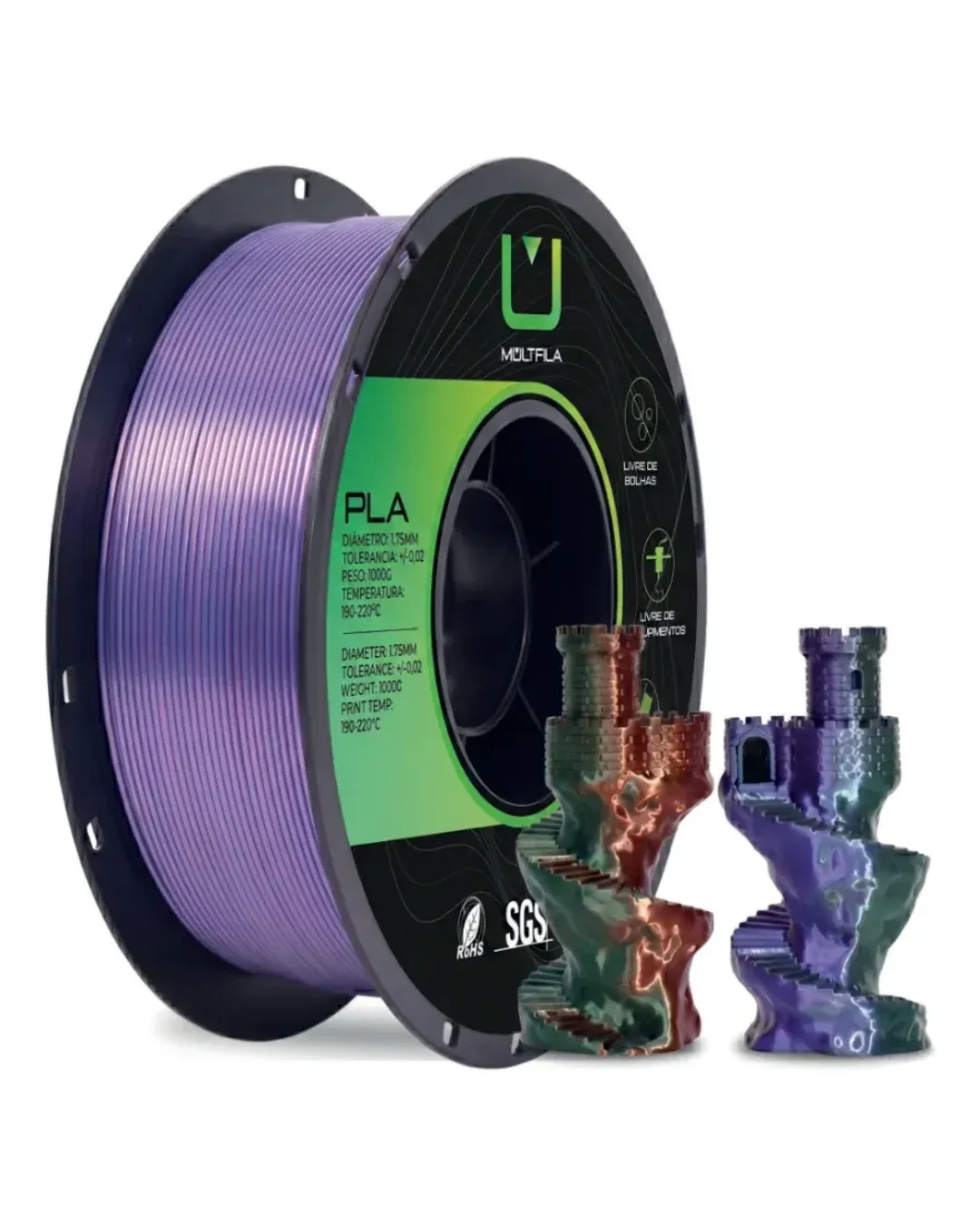 PLA Silk Tricolor Verde Roxo Cobre 1kg